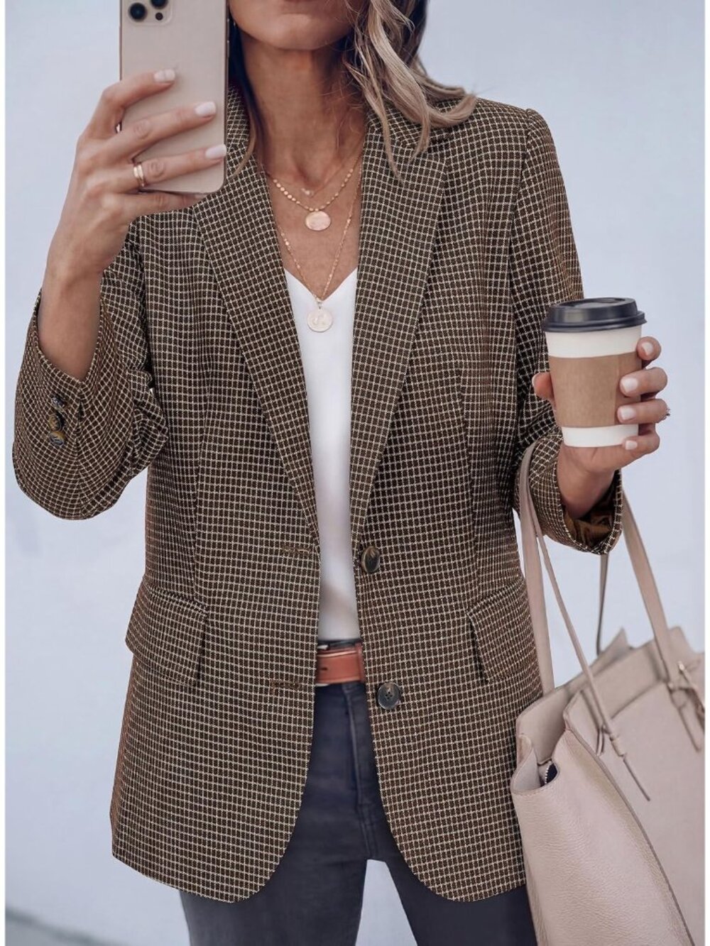 Women's Plaid Brown Long Sleeve Notch Lapel Pockets Oversized Blazer Suit Jacket - Picture 3 of 6